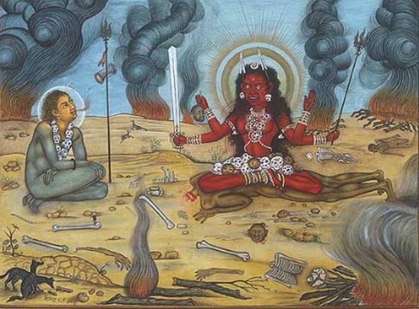 Bhairavī con uno yogin in un campo di cremazione.